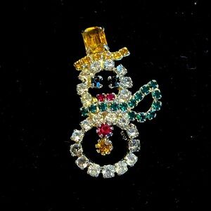 Vintage Christmas Crystal Snowman Brooch Pin Rhinestone Multicolored Goldtone